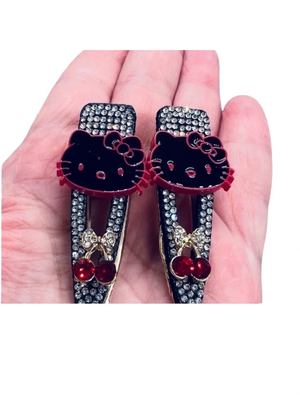 Hello Kitty-Inspired Black & Red Rhinestone Hair Clips FINAL PRICE DROP